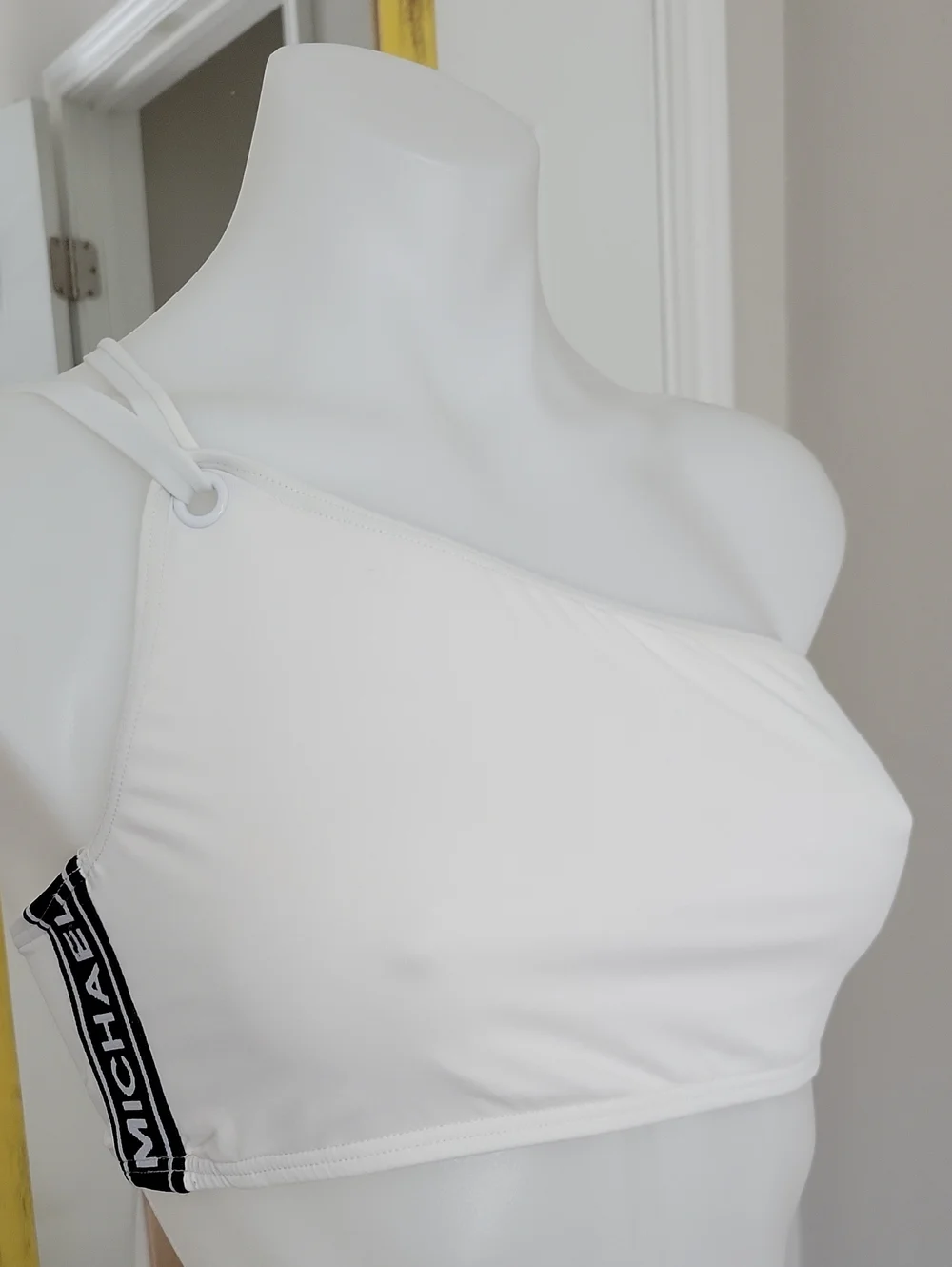 MK Michael Kors Bikini Top M White & Black One Shoulder Adjustable Strap Sporty